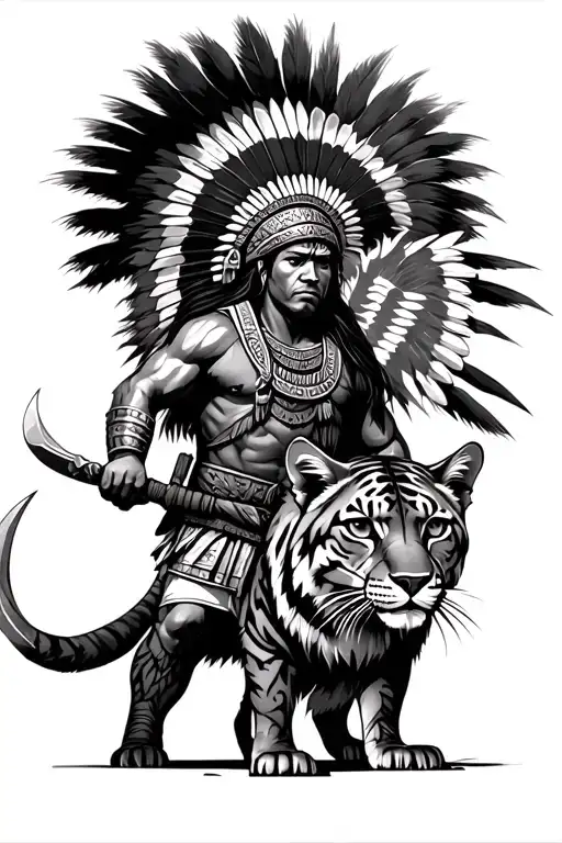 Inca warrior holding its weapon. fighting alongside a puma looking straight  tattoo design idea