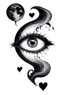evil eye and full moon cycle and three small black hearts tattoo design idea