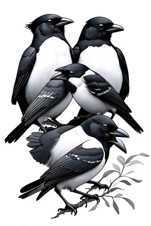 series of three hopping Australian magpies tattoo design idea