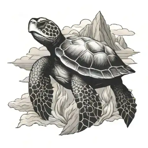 Sea Turtle with mountain and sea tattoo design idea