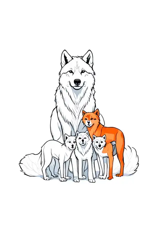 Fine features, white wolf and orange equal with bluish black wolf with their 2 to 3 cubs tattoo design idea