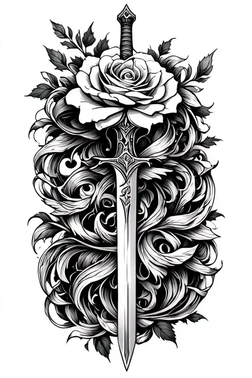 A beautiful and intricate design of the Beauty and the Beast enchanted rose intertwined with the Mulan family sword tattoo design idea