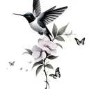 single humming bird, butterflies around, cherry blossoms and cataleya orchids main background tattoo design idea