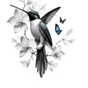 single humming bird, butterflies around, cherry blossoms and cataleya orchids main background tattoo design idea