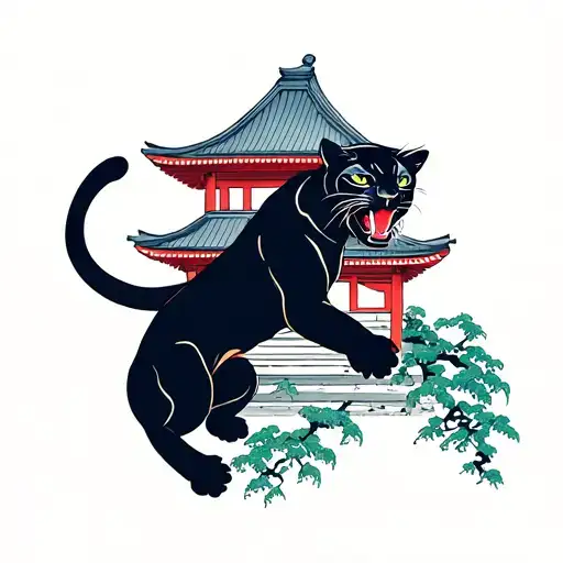 Panther climbing japanese temple in the night tattoo design idea