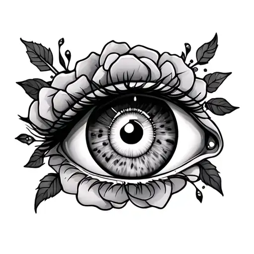not realistic cartoon crossed out eye with roses and marbles intertwined tattoo design idea