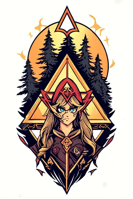 Forest line tattoo with Zelda's tri force simple and Yu-Gi-Oh dark magician  tattoo design idea