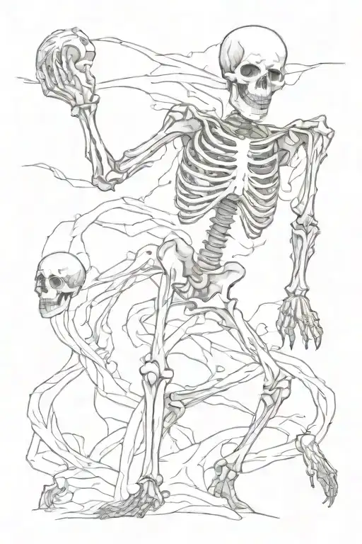 skeleton dancing and holding severed skull tattoo design idea