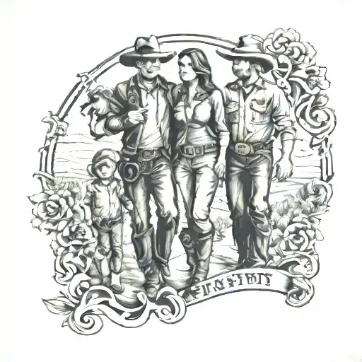 western with family holding hands tattoo design idea