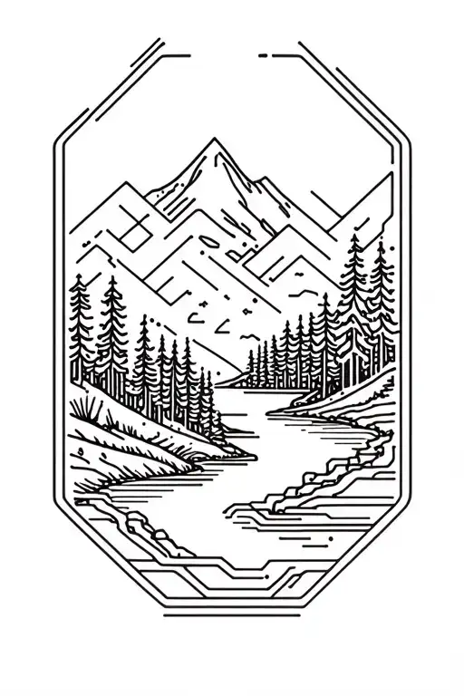 microchip circuit infused with forest with river flowing and  mountain in background  tattoo design idea