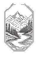 microchip circuit infused with forest with river flowing and  mountain in background  tattoo design idea