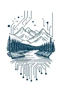 microchip circuit infused with forest with river flowing and  mountain in background  tattoo design idea