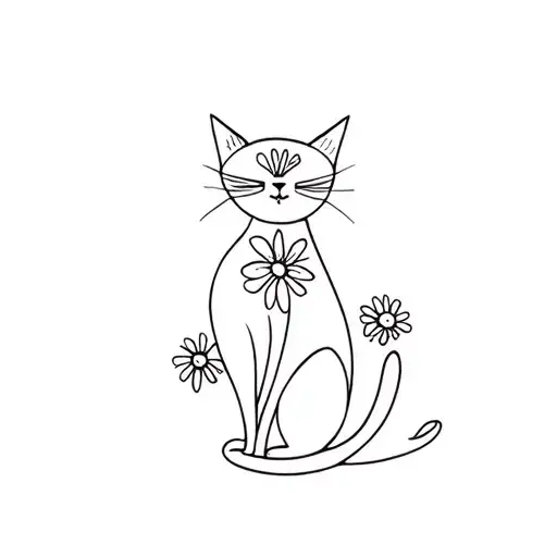 black cat with white nose and forehead, lizard, daisy tattoo design idea