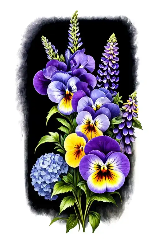 5 pansies, purple irises, lupines, and hydrangeas wrapped around my lower arm from my wrist to my elbow.  tattoo design idea