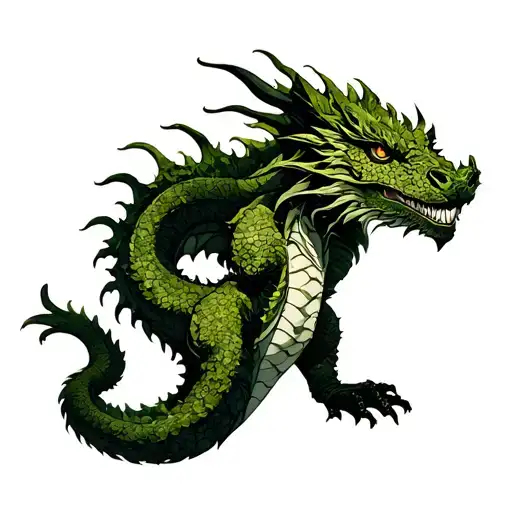 moss dragon on the back with tail lying on right rib and head on left bicep tattoo design idea