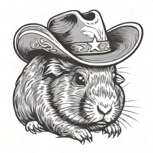 Very  Cute cartoon style guinea pig wearing a cowboy hat, in black and white tattoo design idea