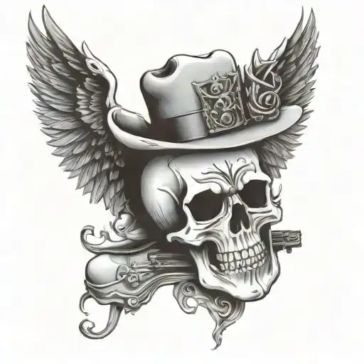 guitar with rock wings skull wearing a crown boots and cowboy hat tattoo design idea