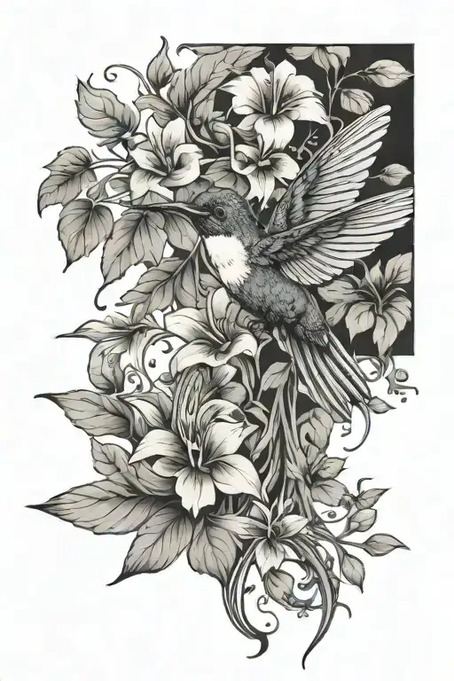 Vine with humming bird sitting tattoo design idea