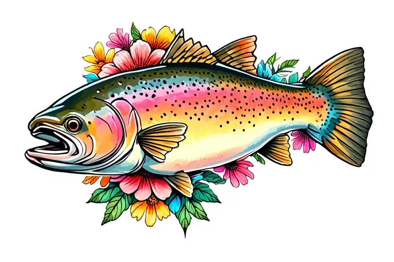 rainbow trout with Poppi flowers tattoo design idea
