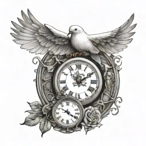 dove with a clock with the name of Barbara Leanne Bower born date of August 31 1949 then death date of July 1st 2022 tattoo design idea