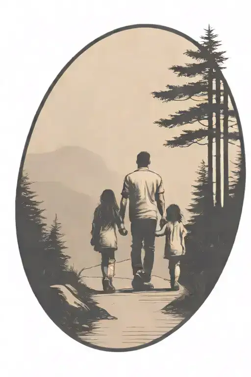 father in the middle holding hands with two small girls walking down the road with forest and cliffs in background tattoo design idea