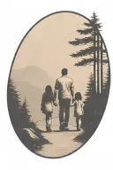 father in the middle holding hands with two small girls walking down the road with forest and cliffs in background tattoo design idea