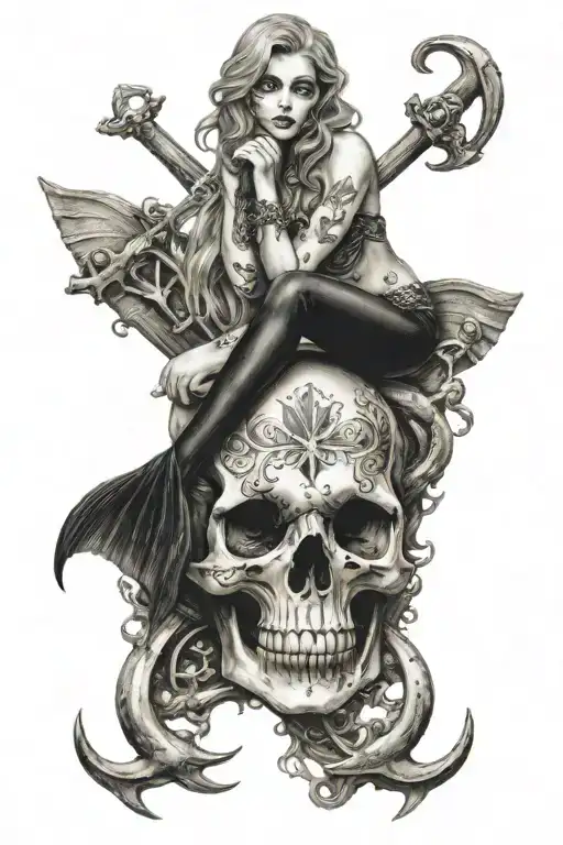 mermaid kisses a scull and sits on a large anchor tattoo design idea