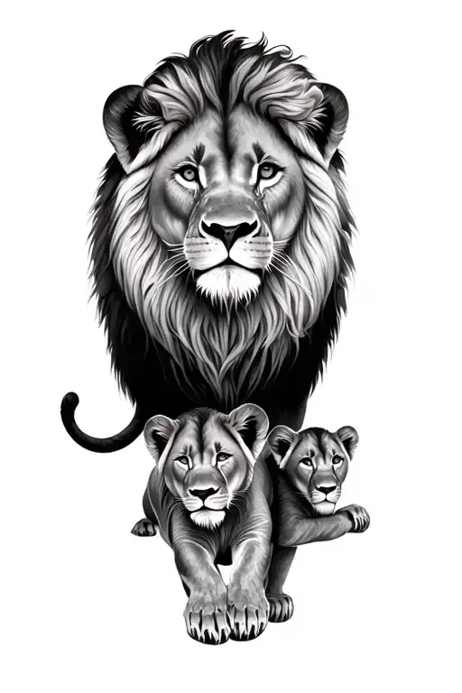 lion with 2 cubs in their natural landscape in the background  tattoo design idea