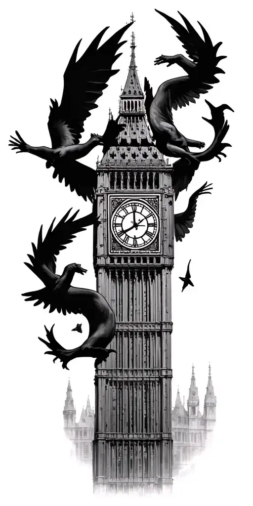 Gemini twins on top of hightower with shadow spirits twisting Around the tower from top to bottom and a big Ben clock tattoo design idea