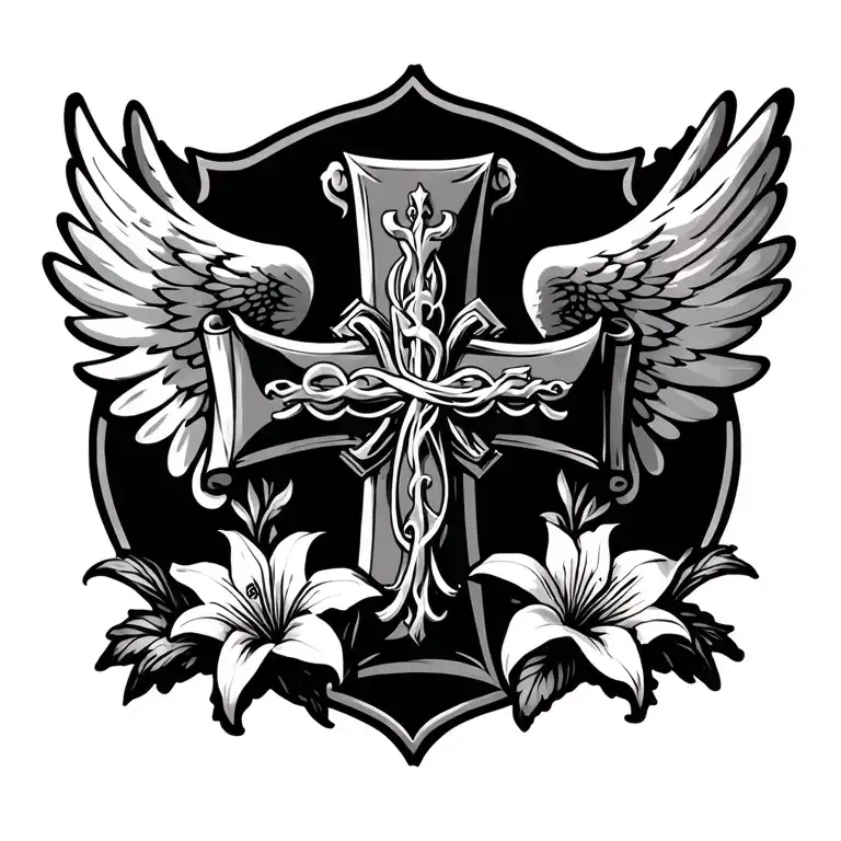 ornate Scottish cross with spread angel wings in the background, lilies, and a scroll banner on each side of the cross tattoo design idea
