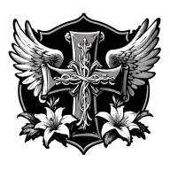 ornate Scottish cross with spread angel wings in the background, lilies, and a scroll banner on each side of the cross tattoo design idea