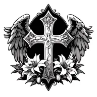 ornate Scottish cross with spread angel wings in the background, lilies, and a scroll banner on each side of the cross tattoo design idea