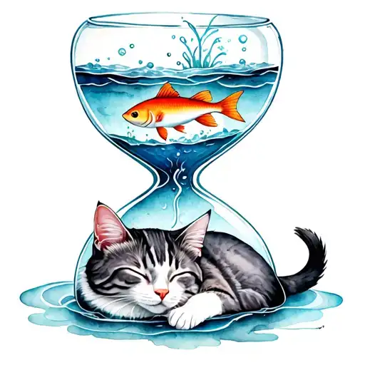 grey and white manx cat sleeping in bottom section of hourglass and water and fish in upper section tattoo design idea