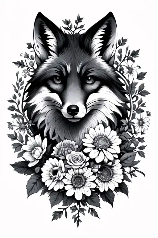 black and grey fox head circled with a mix chrysanthemums, larkspurs, roses and vines tattoo design idea