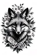 black and grey fox head circled with a mix chrysanthemums, larkspurs, roses and vines tattoo design idea