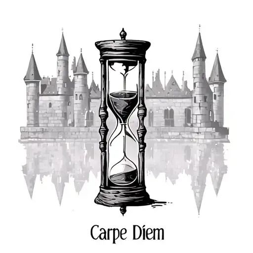 "Carpe Diem" a small tattoo of hourglass made of tree trunk ,background of a castle being Sieged  tattoo design idea