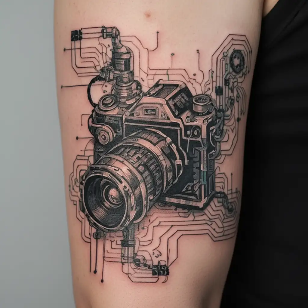 camera and circuit, transition pixelated tattoo design idea