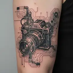 camera and circuit, transition pixelated tattoo design idea