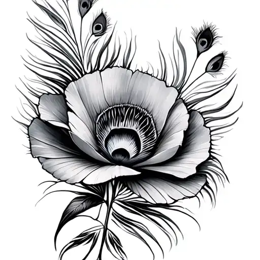 peacock feather and poppy flower tattoo design idea