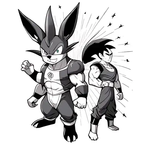 "A highly detailed vertical tattoo design featuring Lucario in the center, flanked by Goku on the left and Vegeta on the tattoo design idea