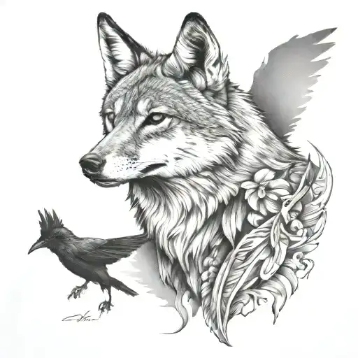 coyote with black bird and raven flying tattoo design idea