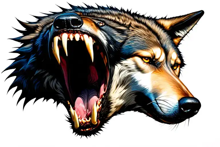 Realistic wolf bad mouth open tattoo design idea