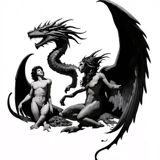 Earth dragon, fallen angel, Adam, and eve tattoo design idea