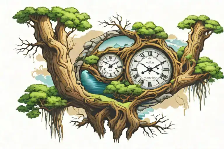 tree trunks with river and a big clock face tattoo design idea