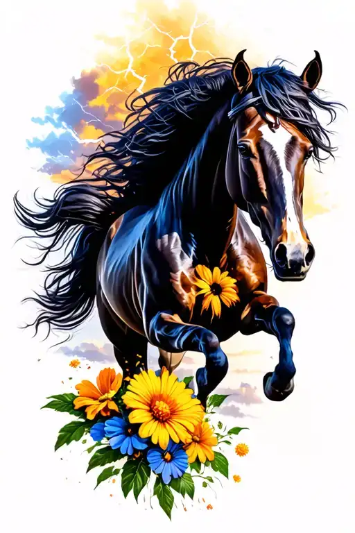 wild horses running, wild flowers intertwined, lightening sky, pistol tattoo design idea