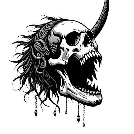 skull screaming with sharp toung dangling down, make it fierce like a a maori warrior. make its hair a ponga tree tattoo design idea