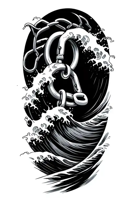 Ocean waves crashing "new chains, Same Shackles" tattoo design idea