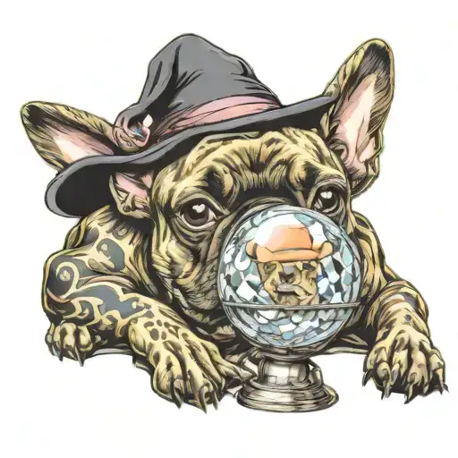 magical French bulldog with crystal ball and witches hat tattoo design idea