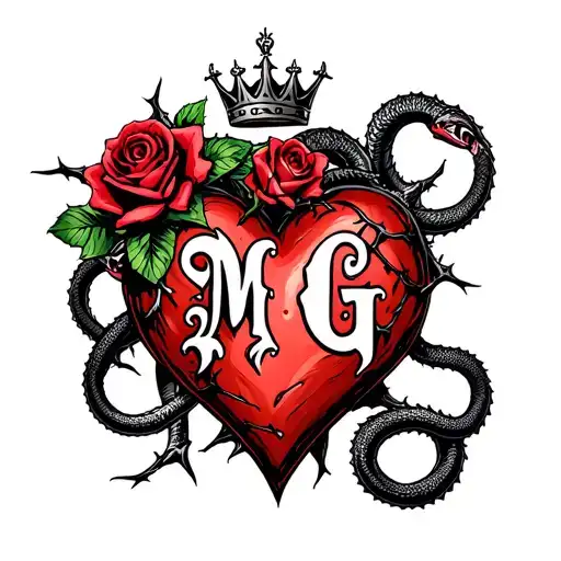 "M G" Gothic-style heart entangled with thorns, topped with a crown, four roses, and two angry snakes with Gothic-style letter tattoo design idea