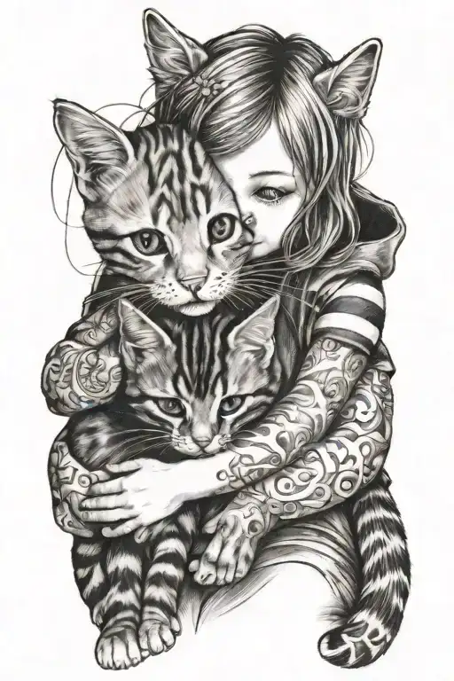 baby girl hugging ginger cat tattoo design idea